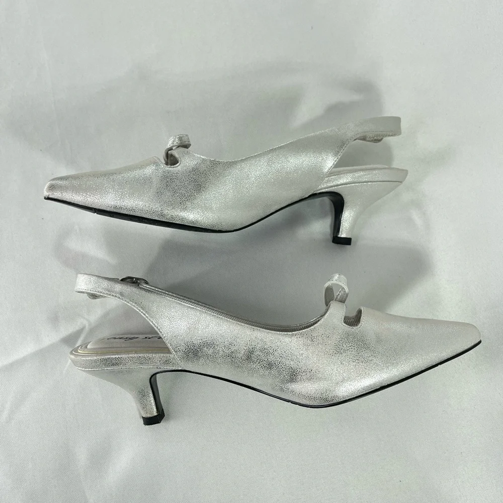 Easy Street Womens Emerin Sling Back Kitten Heel Pump. Color Silver. Siz…